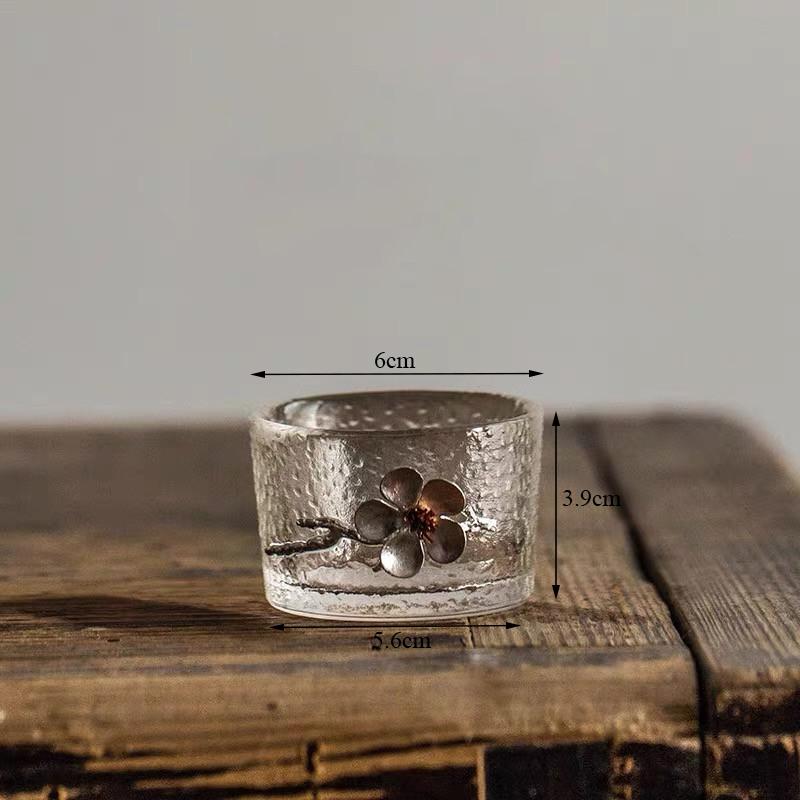 Japanese Style Glass Tin Plum Blossom Water Cup Flower Kung Fu Tea Drinking Mug Transparent Teacup