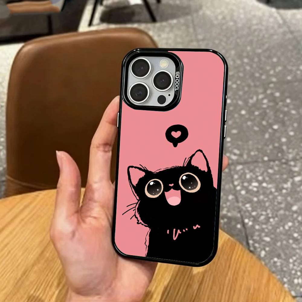 

L-Lovely B-Black Cat Phone Case For iPhone17,16,15,14,13,12,11 Plus,Pro Max Colored Silver Plated Inside Cover iPhone15