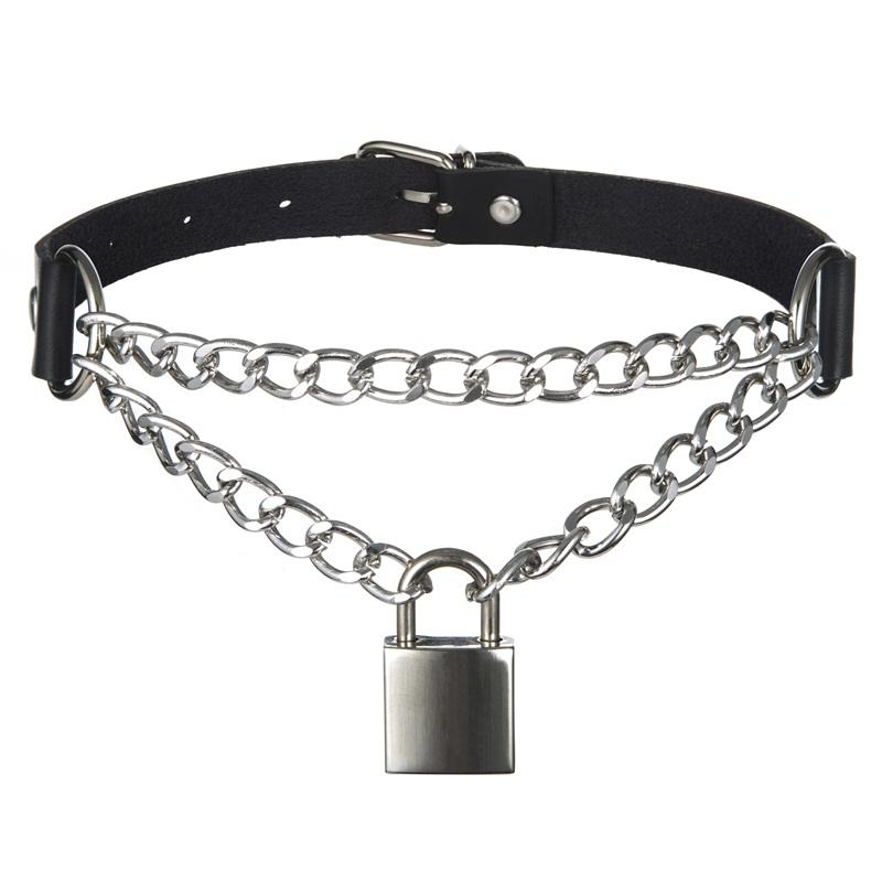 Punk Schloss Halskette Mit Kette Schwarzes Leder Choker Halsband Goth Vorhängeschloss Schmuck Für Frauen Mädchen Rave Zubehör black