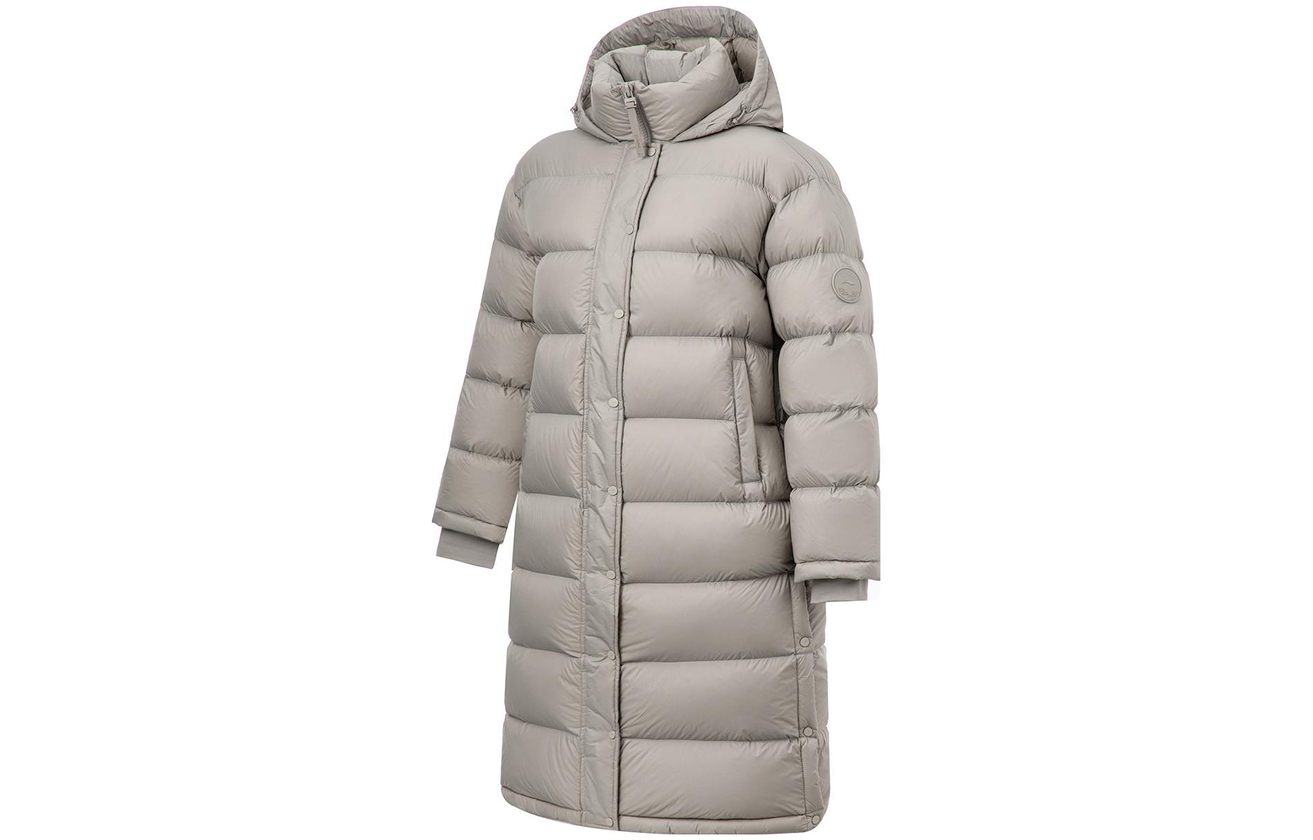 Li Ning Fitness Series Down Jackets Women s Plaster Gray Hooded Moderate Down Coat AYMT088-2 L