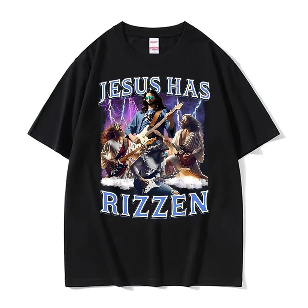 

Funny Jesus Has Rizzen Rock Star Tee Shirt Mens Clothing Fashion Gothic Cool T Shirts Women High Quality Cotton Casual Tshirts 2XL