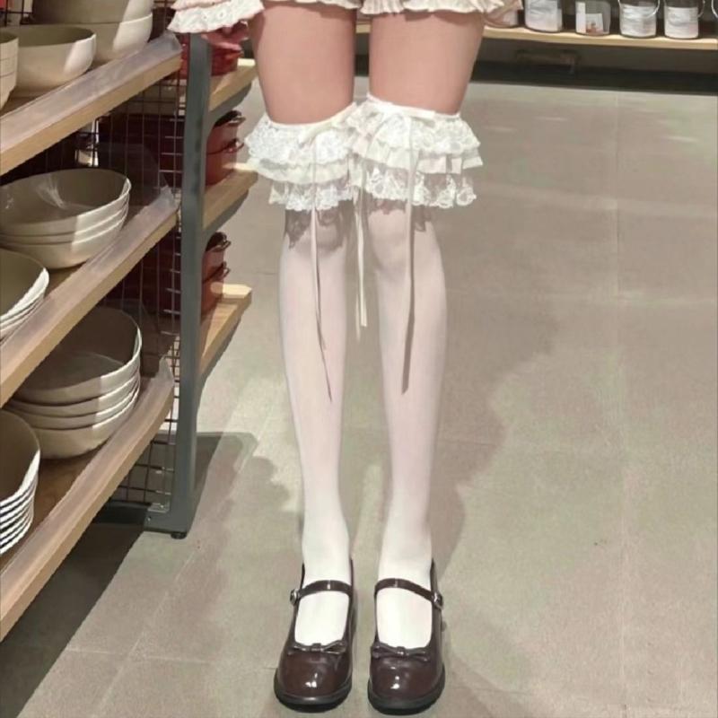2pcs Ballet Knee High Socks with Bows Lace Top Ruffle Calf Socks Calf Tube Socks