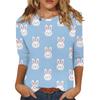 T-shirt Casual Alla Moda da Donna con Stampa di Coniglietti Pasquali e Uova, Scollo, Manica a Tre Quarti