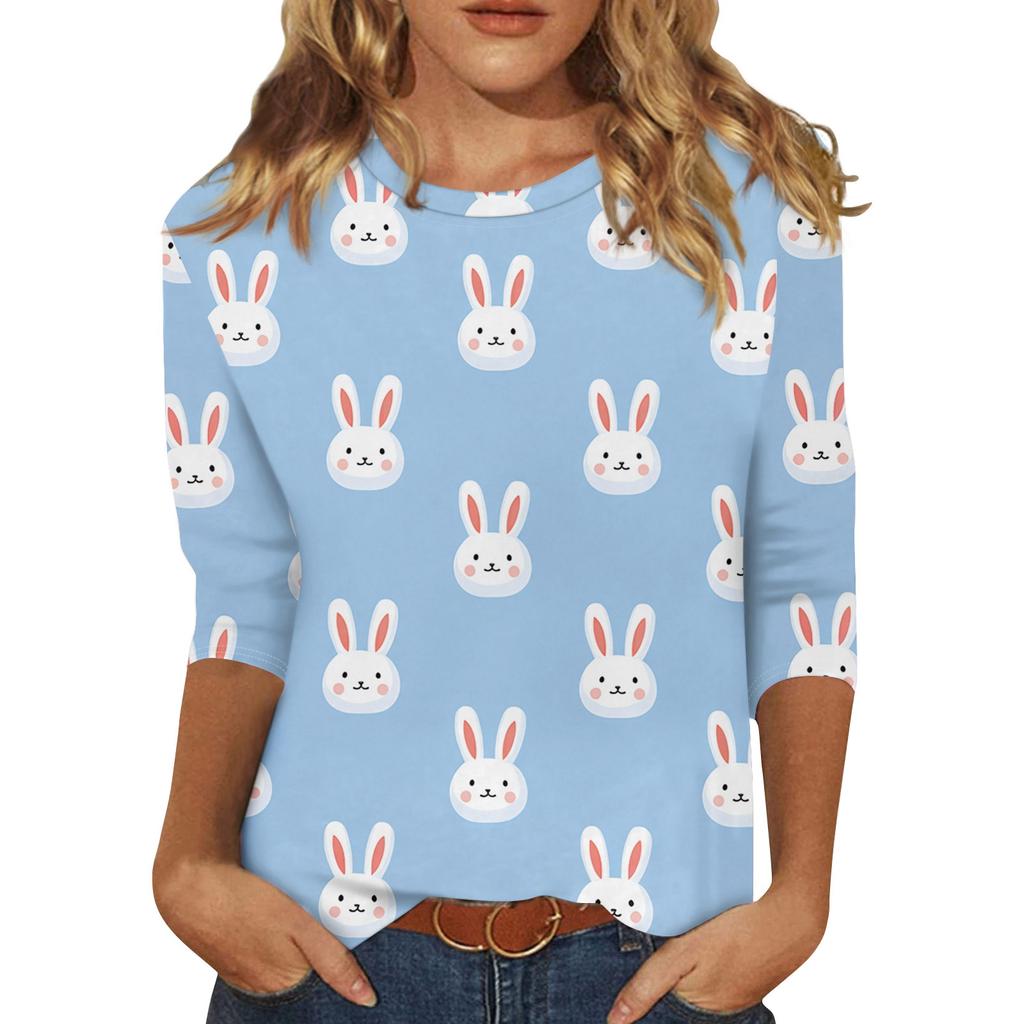 T-shirt Casual Alla Moda da Donna con Stampa di Coniglietti Pasquali e Uova, Scollo, Manica a Tre Quarti