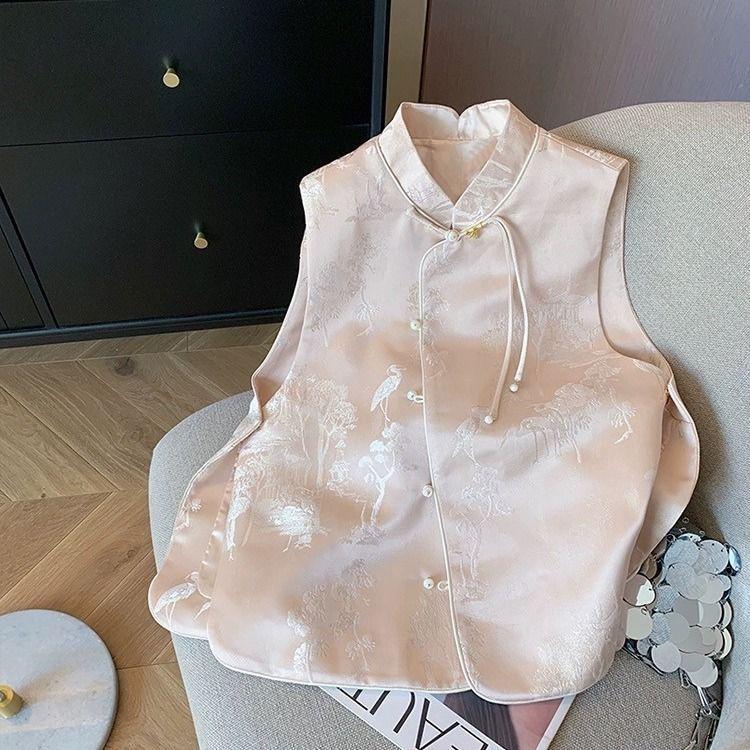 202 new 5-disc buckle stand-up collar crane jacquard vest women's high-end sleeveless vest women's top