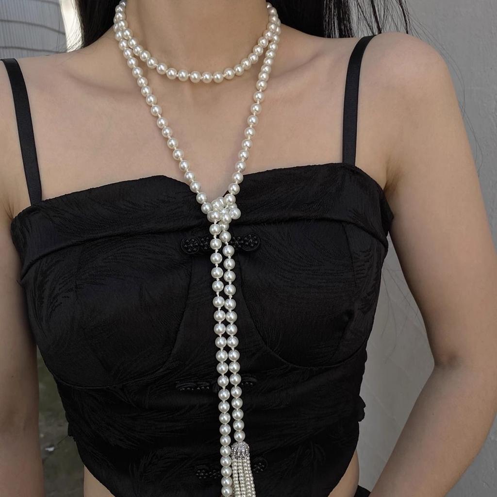 Elegant Stackable Beaded Necklace for Women Pearl Fringe Pendant Sweater Necklace Fashion Luxury Party Jewelry Gifts Daily Wear