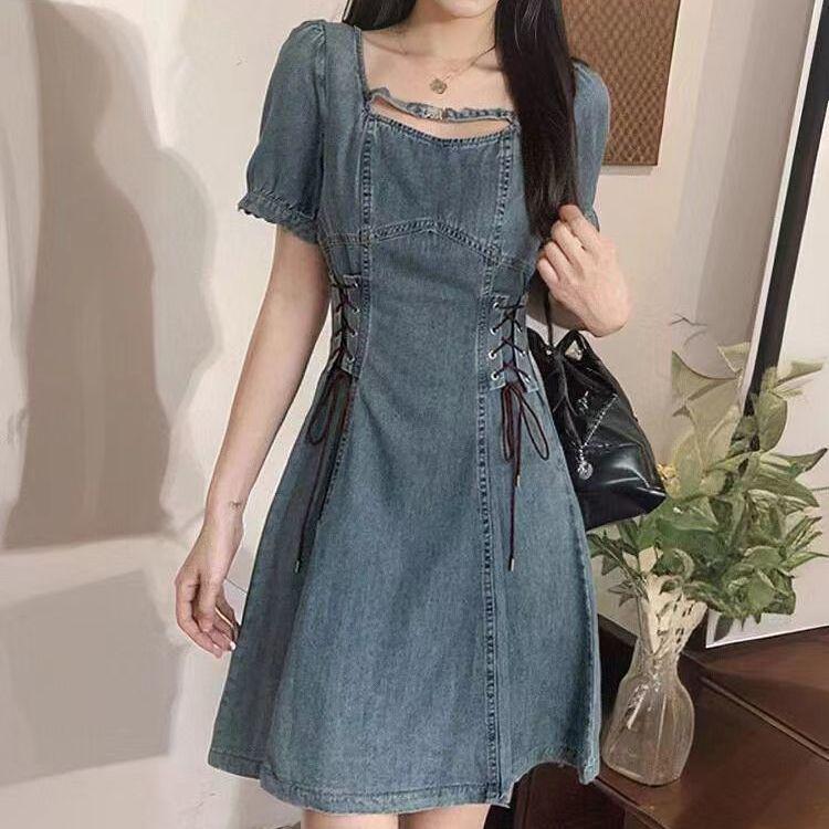 2025 Summer Plus Size Women's Retro French Denim Dress with Waist-Cinching Feature