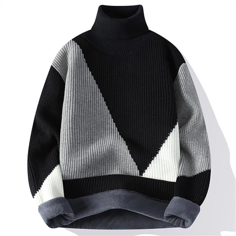 

Winter High Quality Men s Turtleneck Sweater Fleece Warm Casual Knit Pullovers Men Fashion Patchwork Harajuku Knitted Sweaters 4XL чорний