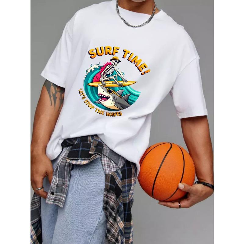 Surf Time T Shirt White Skeleton Surfing Shark Design with Text Surf Time Lets Stop The Waves Summer Beach Casual Wear