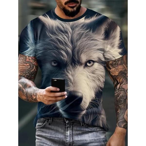Summer Round Neck 3D Print Wolf Pattern Top Fashionable Casual Short Sleeved Men's T-shirts