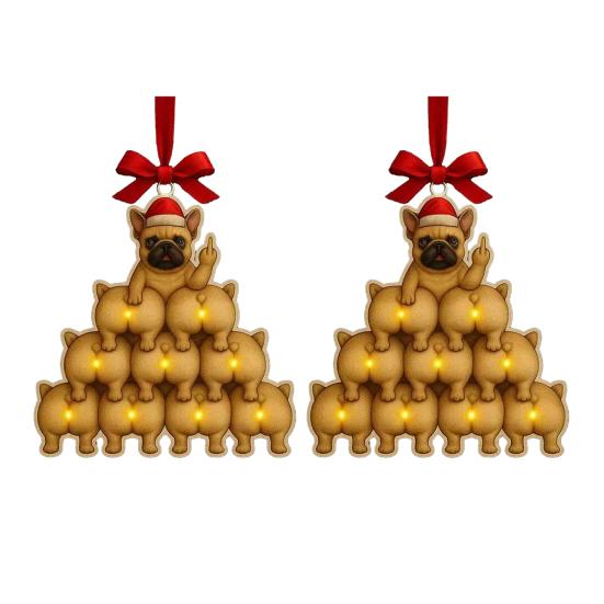 1/2/3/4Pcs Christmas Acrylic Bulldog Hanging Decoration Car Rearview Mirror Xmas Tree 2D Flat Santa Hat Dog Hanging Ornament Holiday Party Pendant