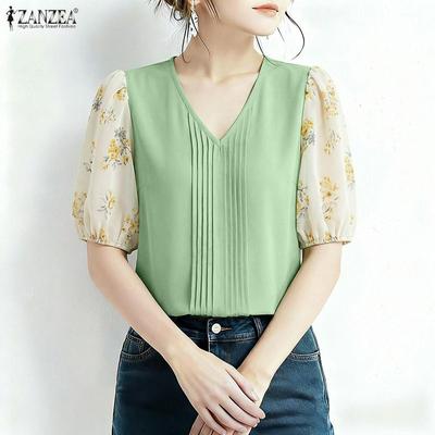 Blusa Casual da Donna con Scollo a V Larga Stampa Floreale Patchwork Manica Corta