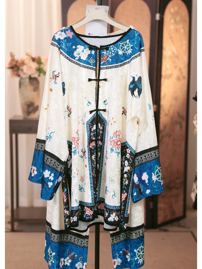 Женский флисовый кардиган в стиле ретро, комплект, 2025: Пижама с длинным рукавом, мягкий принт, в национальном стиле XL (60-75 kg)