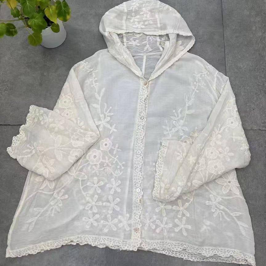 Women's Summer Hooded Cardigan: Exquisite Embroidery, Breathable, Sun-Protective, Skin-Friendly, High-Quality, Nine-Point Sleeves.