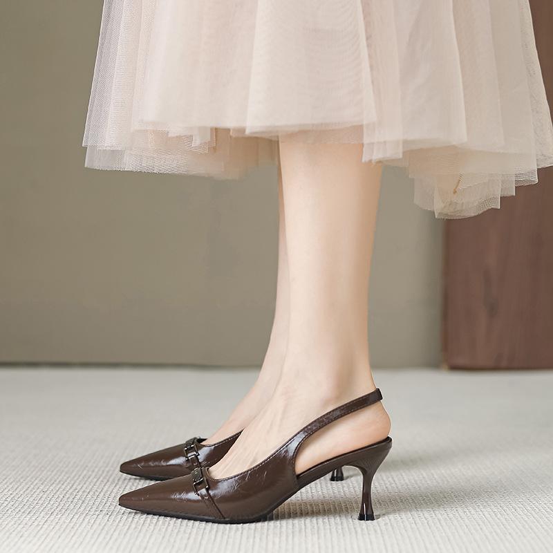 Fashion Small Design Sense Shallow Mouth with Sandals Women's Metal Buckle Pointed High Heels Stiletto Toe Single Shoes