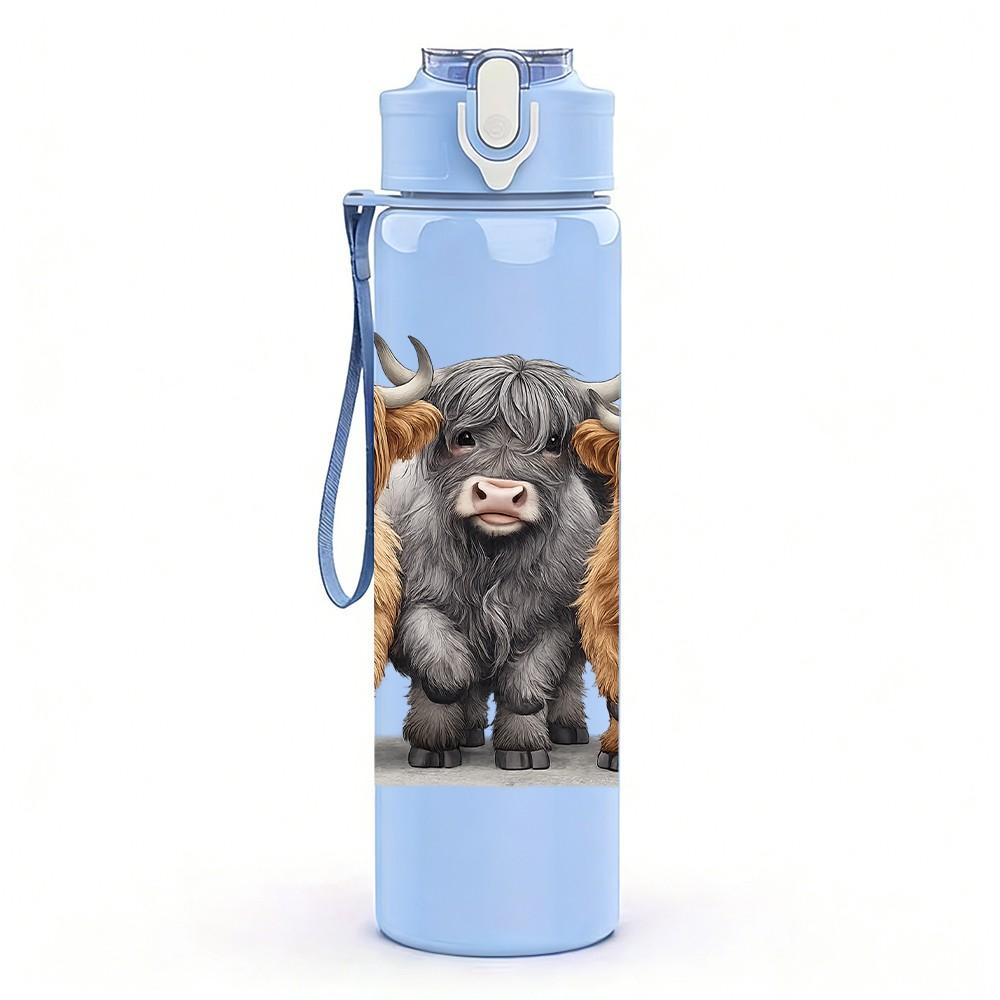 1PC Highland Cow Group Animal Print 750ml Color Plastic Sports Water Bottle Leakproof Flip Straw Lid Suitable for Sports Office Home Use