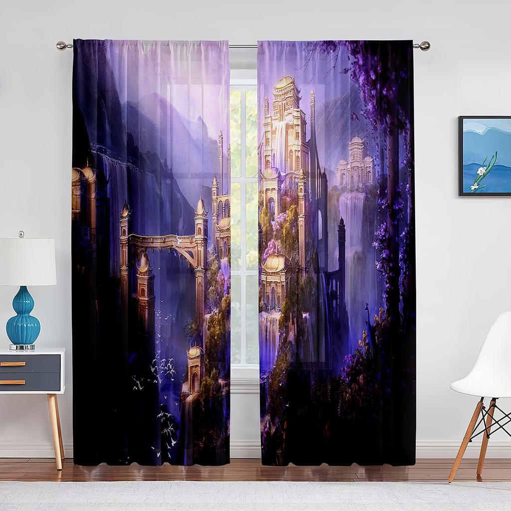 Fantasy Burg Stadt Neben Bergen Transparenter Voile Vorhang Wald Fluss Fenster Tüll Vorhänge für Wohnzimmer Schlafzimmer Moderne Dekoration