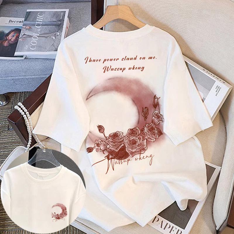 

Женская модная хлопковая футболка с принтом луны - Летняя, с коротким рукавом, свободного кроя, с круглым вырезом, больших размеров, рукав до локтя. L белый