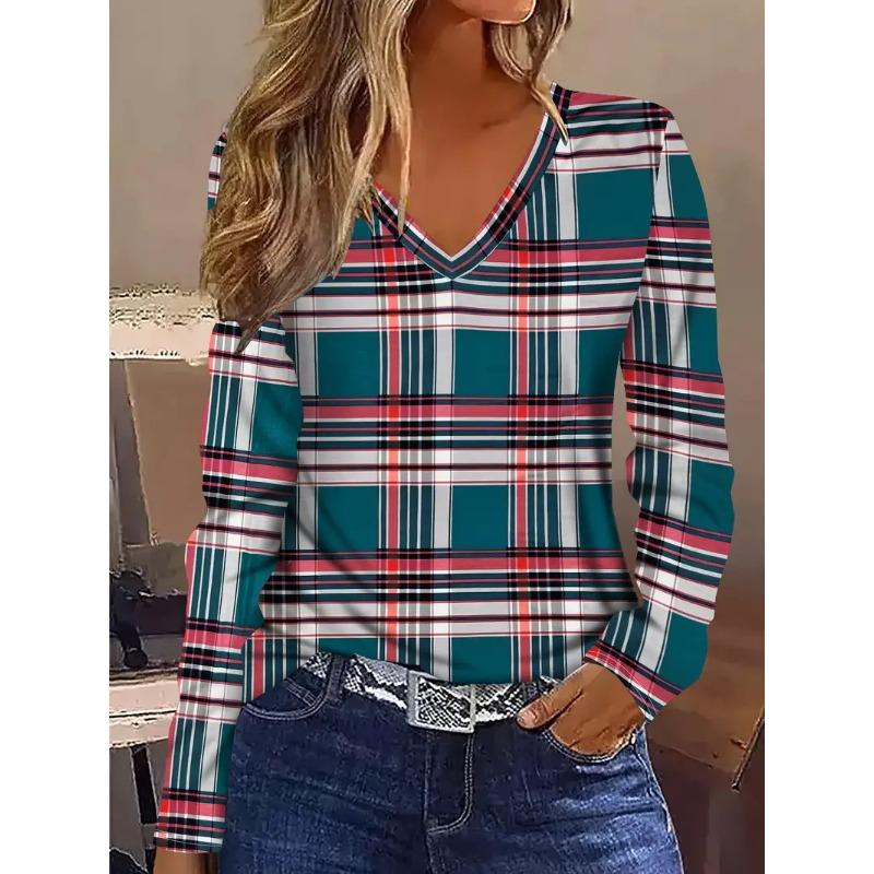 Autumn and Winter Women's 3D Checked Printed V-Neck Long Sleeve T-Shirt