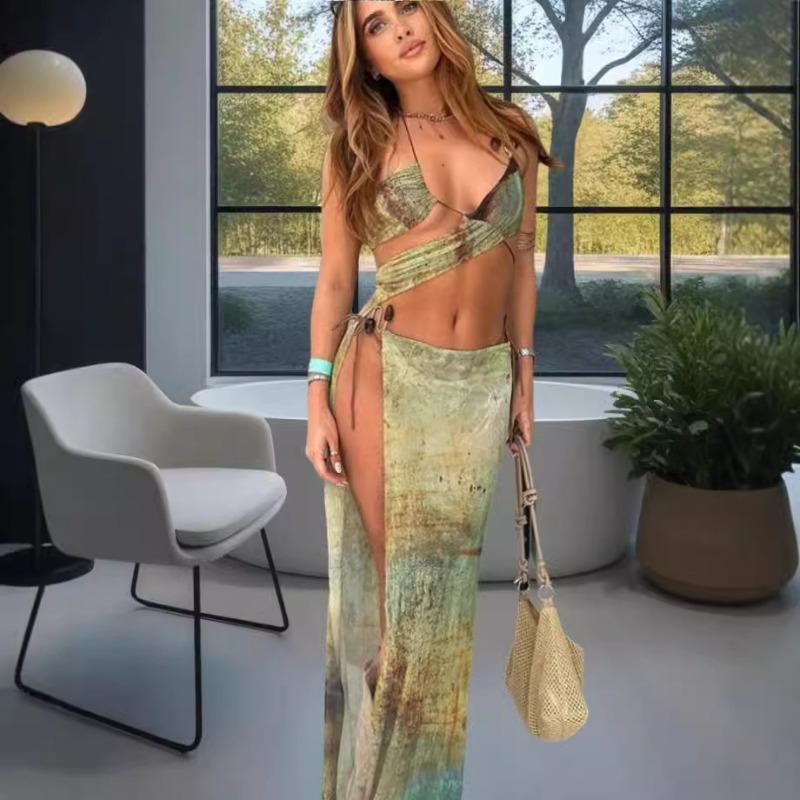 European and American new beach dress sexy backless printing high split long dress lace-up slim dress