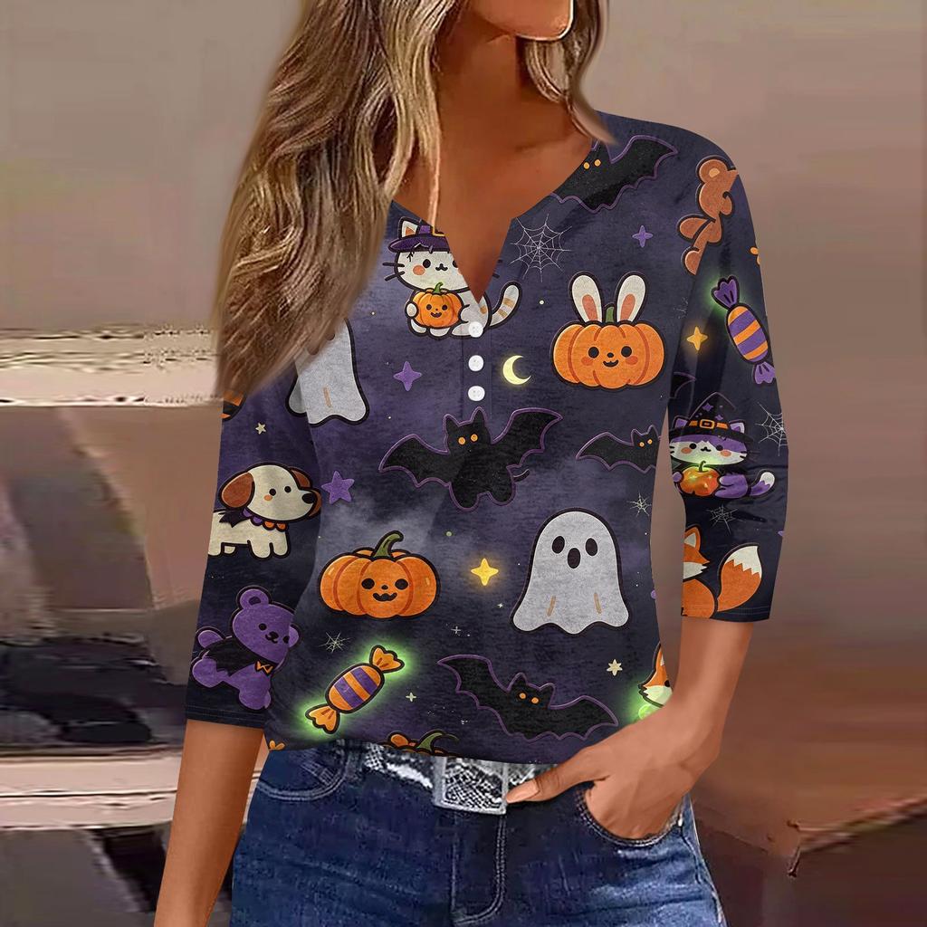 Women's Casual V-Neck Button Pullover T-Shirt with Halloween Print and Three-Quarter Sleeves