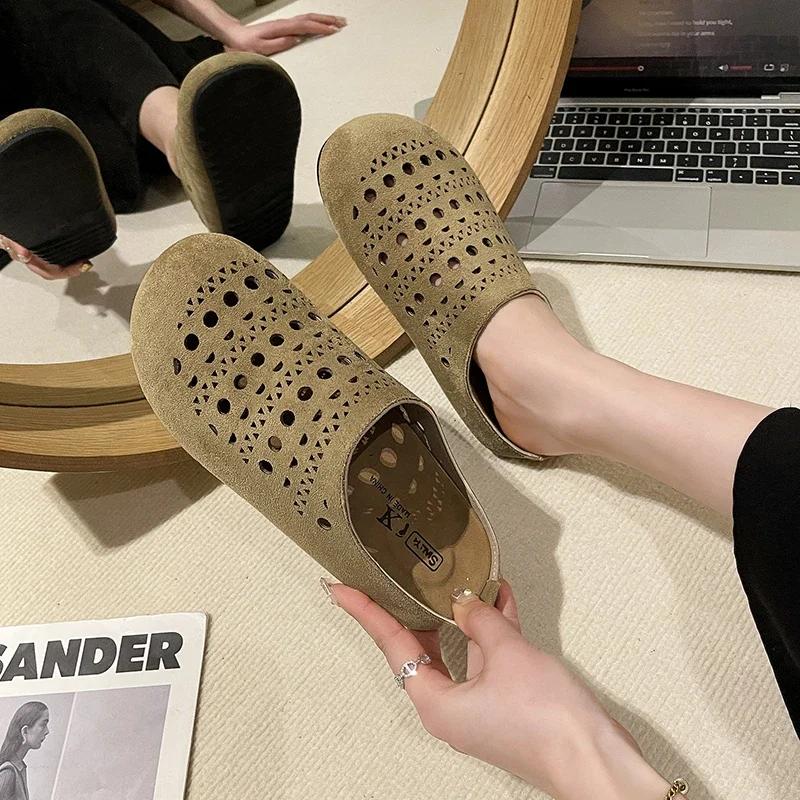 Fashion Baotou Hollow Out Fretwork Suede Leather Solid Concise Half Slippers Women Round Toe Pull on Muller Beach Shoes Females