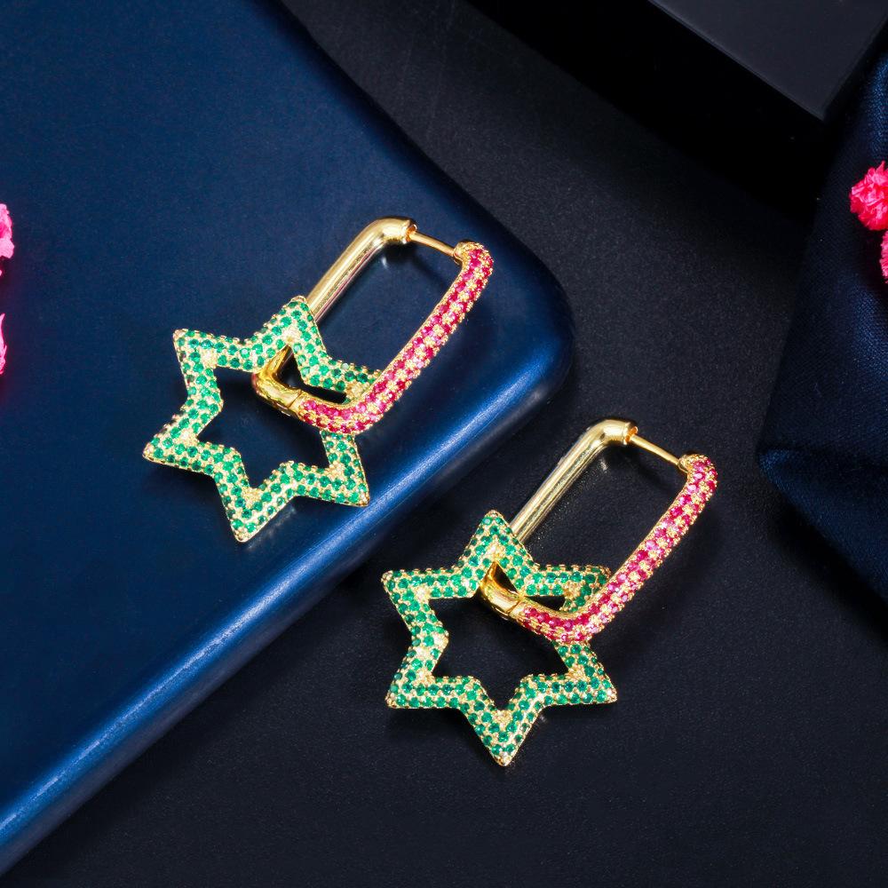 Hexagonale Geometrische Verschluss Damenohrringe Kreativer Stern Leicht Eingelegter Farbiger Zirkon Beliebter Ohrschmuck