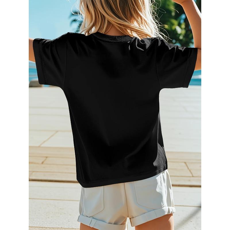 European Size Girls Short Sleeved T Shirt with Pure Floral and Heart Shaped English Pattern Comfortable and Breathable