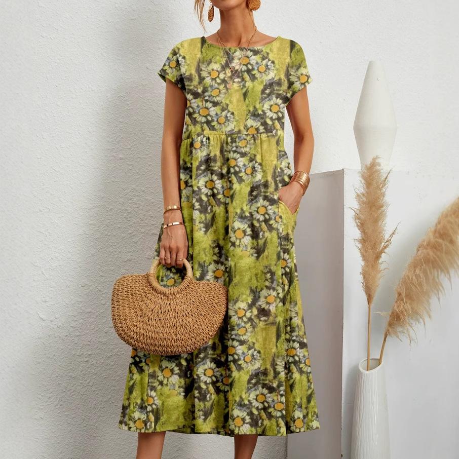 European & American Style Loose Sleeveless Cotton Linen Dress with Matching Colors & Sizes - Round Neck Summer Print Dress for Women