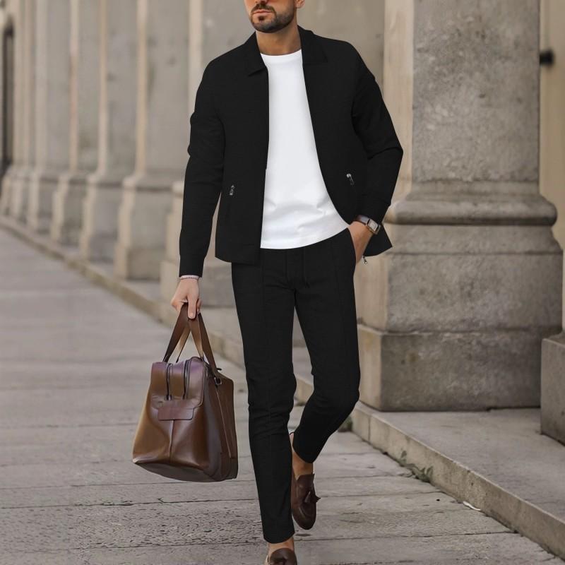 Mens 2-Piece Casual Set Waffle Knit Zip-Up Collar Jacket 2026