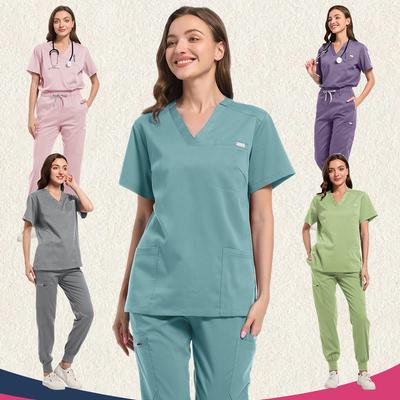 Mehrfarbiger OP-Anzug Krankenschwester-Kittel Set Klinische Medizinische Arzt Pflegeuniformen Kurzarm V-Ausschnitt Oberteile Tasche Hosen Arbeitskleidung
