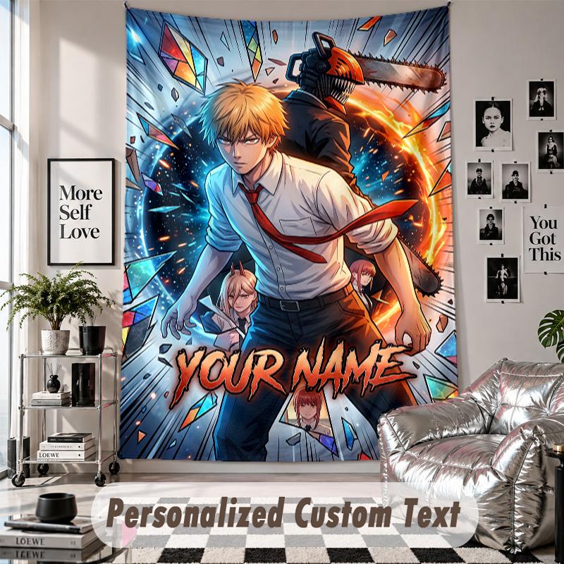Tapeçaria de Parede com Nome e Texto Personalizados, Tapeçaria Decorativa Chainsaw Man Para Quarto