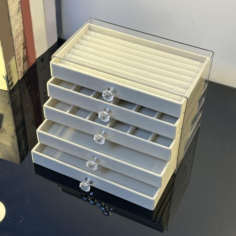 Transparent Drawer Storage Holder Earrings Necklaces Jewelry Organizer Velvet Jewelry Box  Desk Use