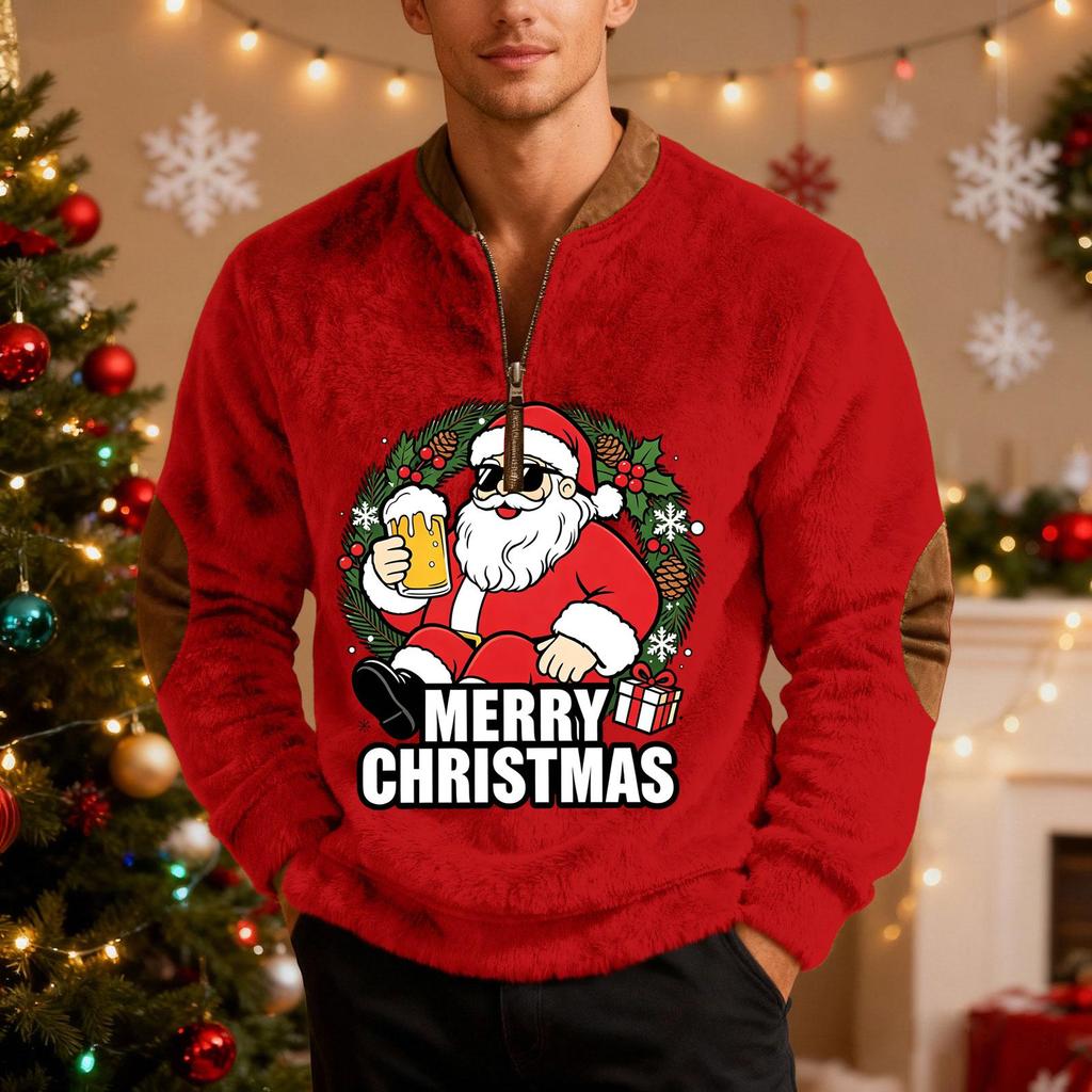 Men's Casual Christmas Print Zip-Up Sweatshirt for Holiday Parties and Everyday Wear
