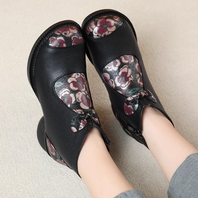 GKTINOO Ethnic Style Mother Shoes Genuine Leather Women's Short Boots  2025 Autumn Winter Round Toe Soft Sole Thick Heels Boots