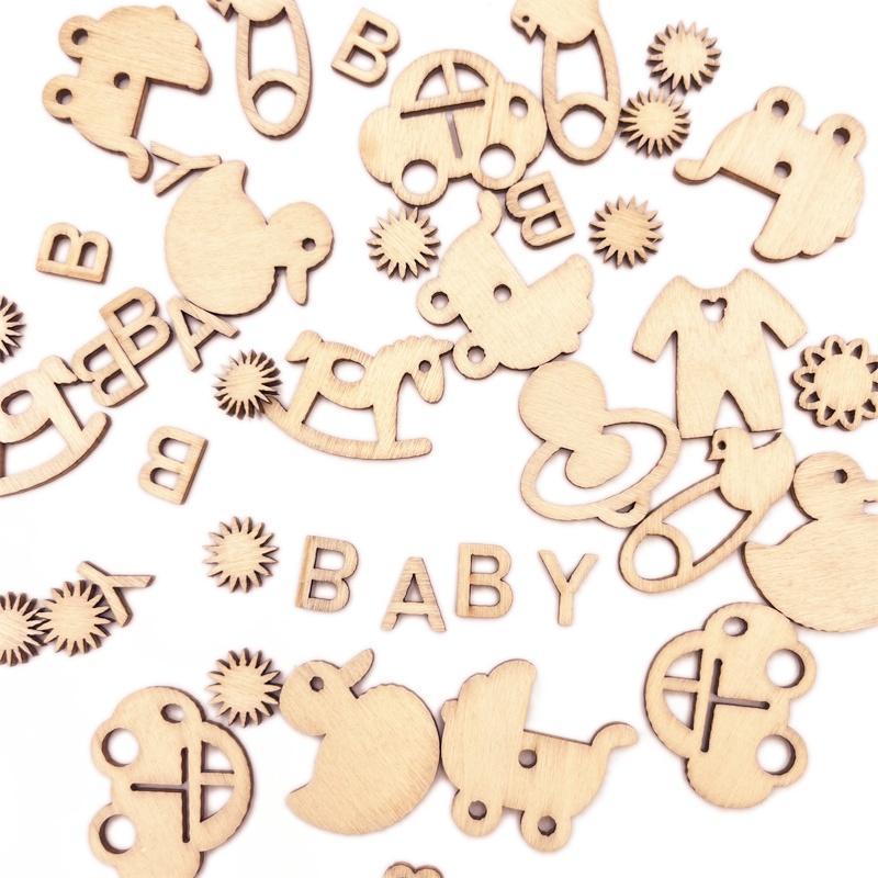 100Pcs Mini Laser Cuts Wood Shape Baby Pram Rocking Horse Pacifier for Home Party Decoration Craft Project