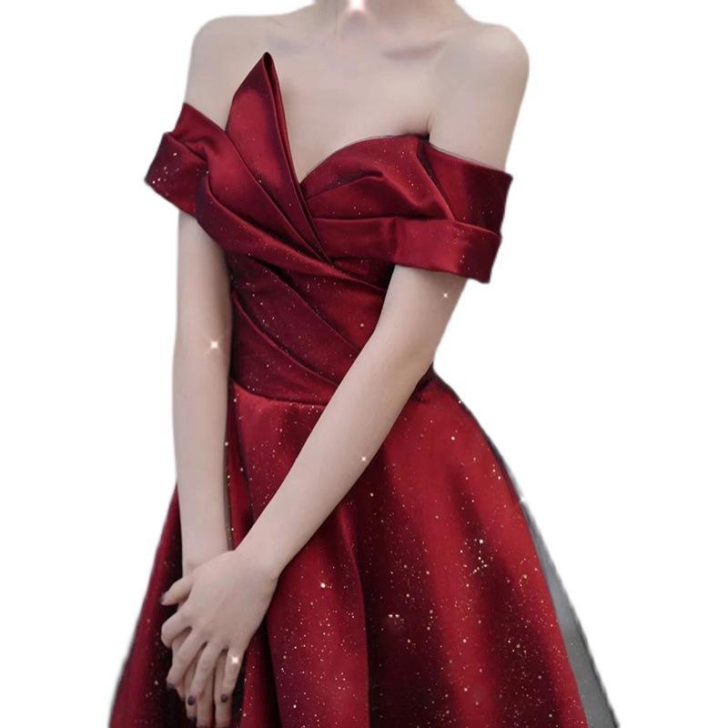 Burgundy Toast Bride 1011 New Satin Dress Women's Shoulder Fugitive Princess Evening Dress Wedding
