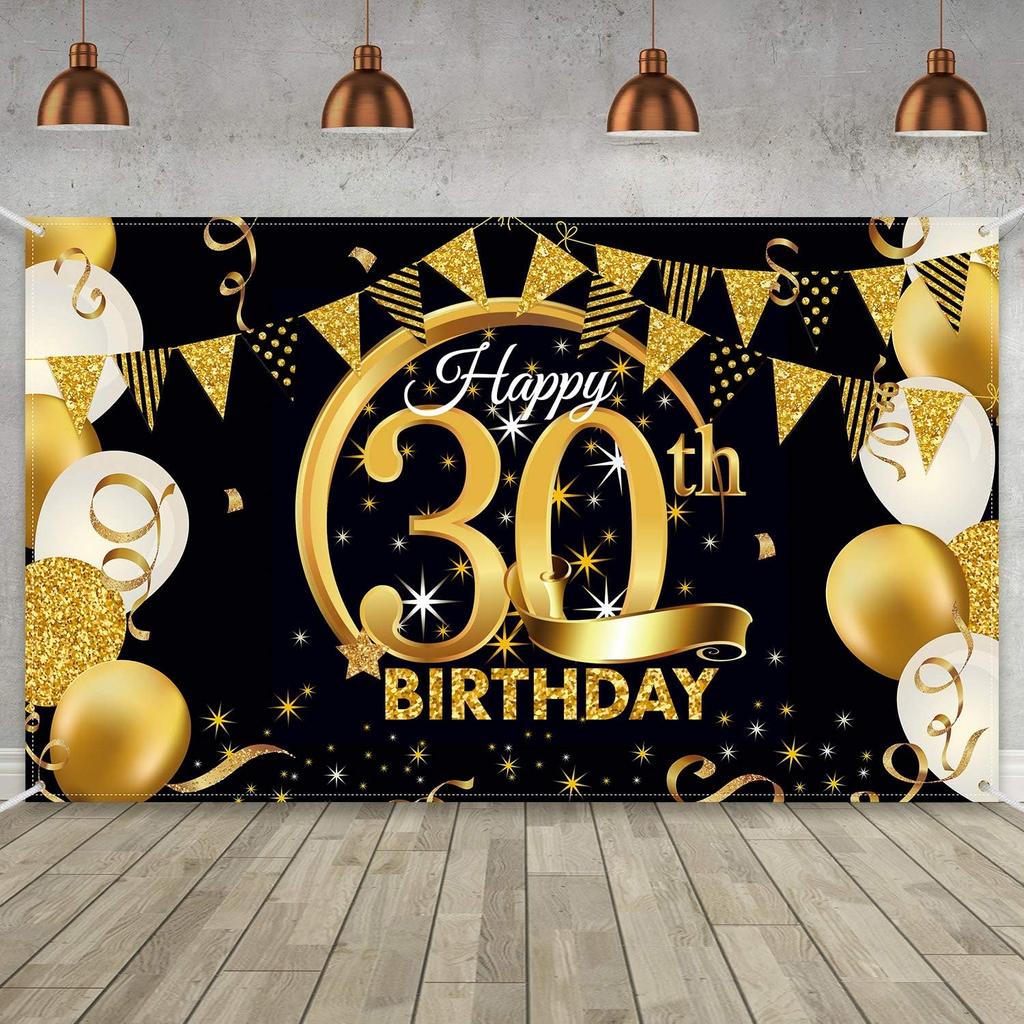 Birthday Party Decoration Extra Large Fabric Black Gold Sign Poster for Anniversary Photo Booth Backdrop Background Banner, Birthday Party Supplies,