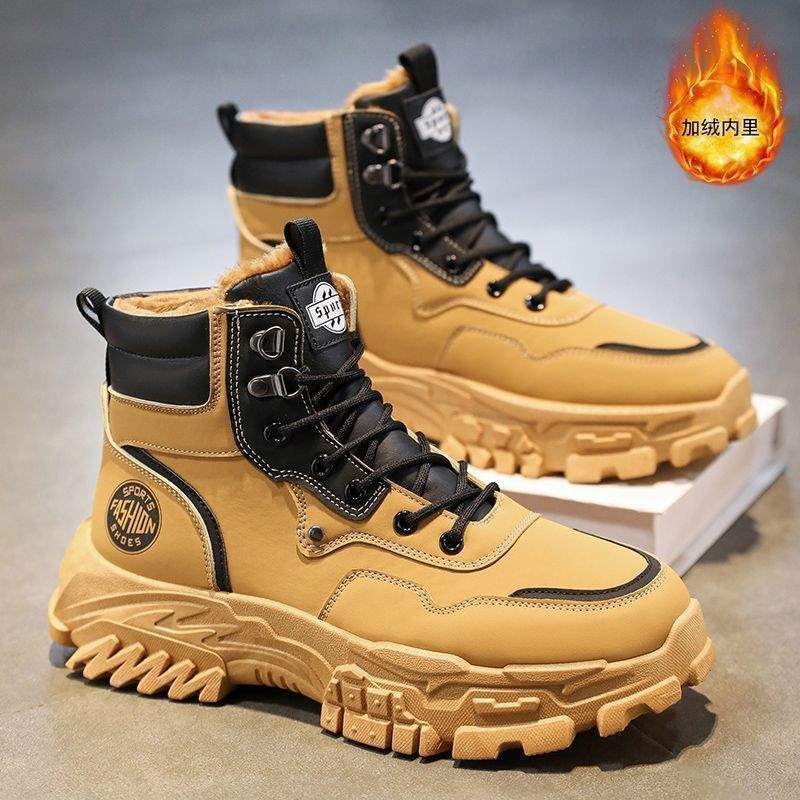 Winter men's shoes velvet warm Martin boots men's British style big yellow boots fashion versatile heightening thick-soled tooling boots
