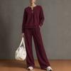Women's 2 Piece Outfit Notch V Neck Henley Top and Wide Leg Pants Set Casual Solid Color Loungewear