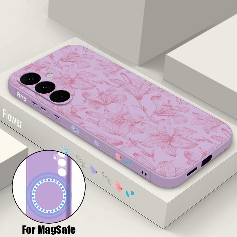 

Colorful Flowers Print Case For Samsung Galaxy S26 S25 Ultra S24 S23 FE S22 Plus S21 Built-in Metal Plate Magnetic Silicone Cover Samsung S24 Ultra фиолетовый