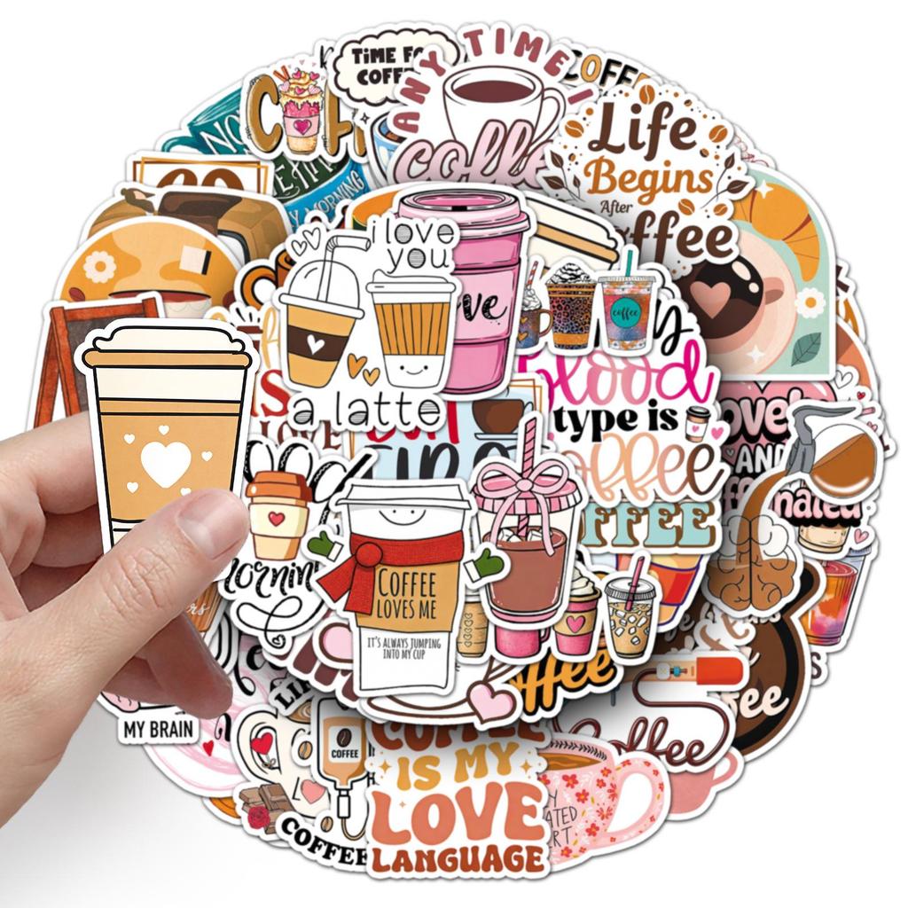 50 Coffee-Themed Graffiti Stickers: Creative Retro Waterproof Designs for Mugs and More