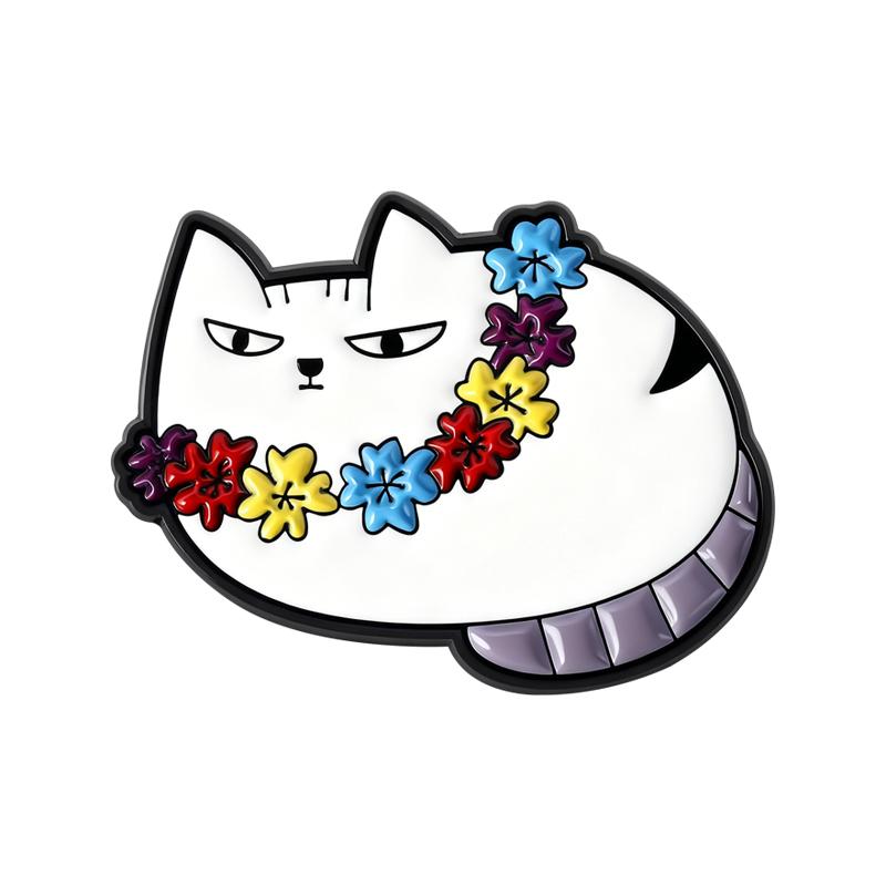 Fette Katzen Emaille-Pins Niedliche Cartoon Kätzchen Broschen Reversabzeichen Abendkleid Hawaii Kranz Schmuck Geschenk für Freunde