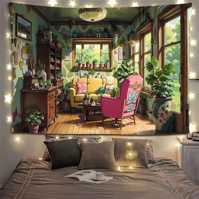 Charming Cottage Bedroom Tapestry Cozy Interior Lush Greenery Unique Wall Art for Home Decor Nature Lover Gift
