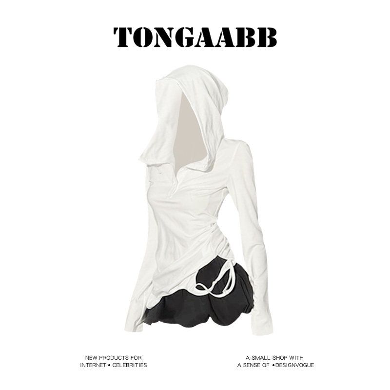 

Tongaabb American-Style Spicy Girl White Hooded Long-Sleeve T-Shirt for Women, Spring and Summer Waist-Cinching Slimming Floral Shorts Black Shorts XL