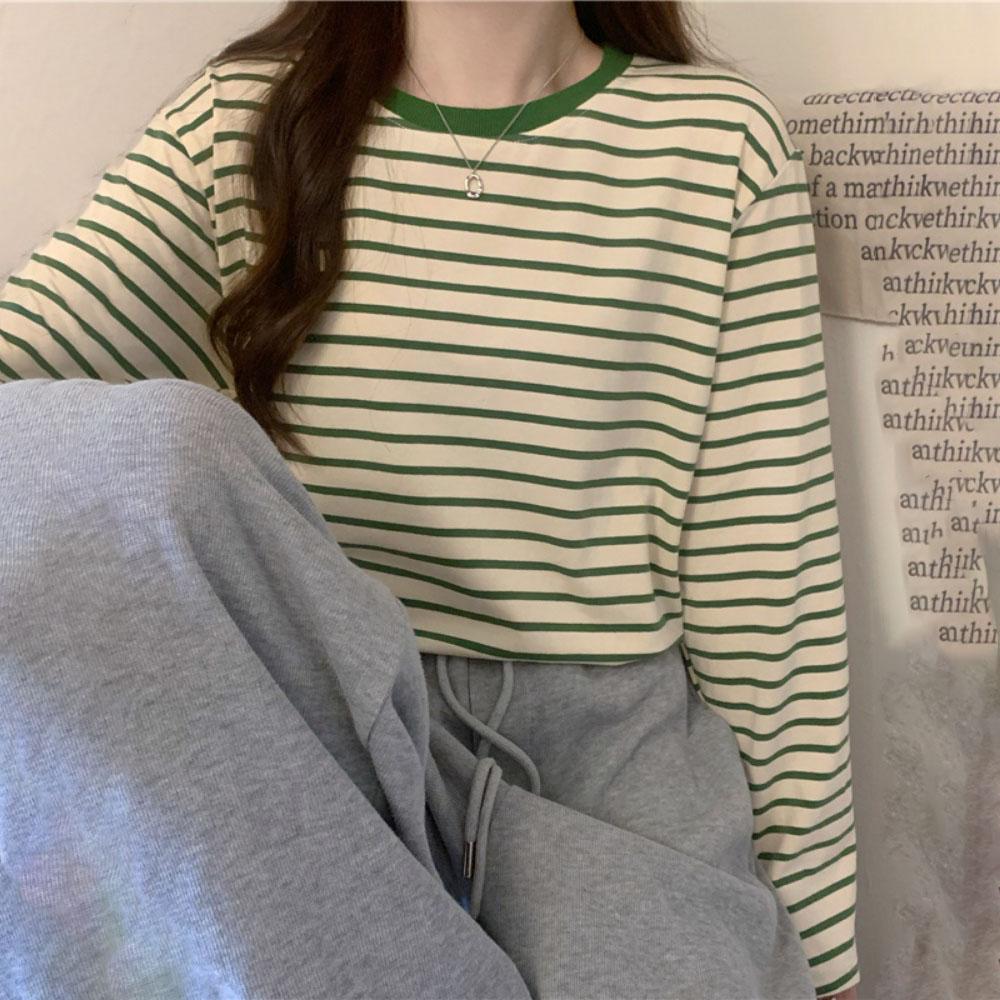 Round Neck Autumn Loose Striped Base Shirt With Inner Top For Women