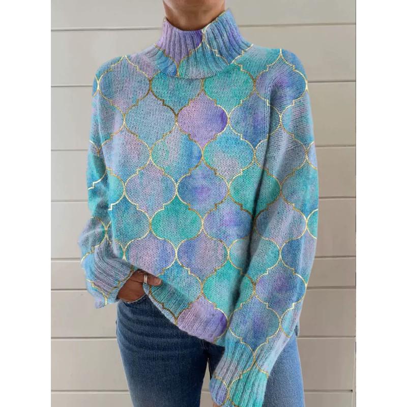 Womens Christmas Print High Neck Sweater Loose Fit Casual Long Sleeve Top