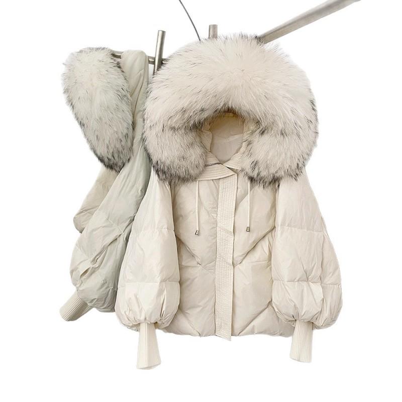 Womens Hooded Down Coat With Raccoon Fur Trim Knit Sleeve Loose Fit Mid-Length Warm Winter Jacket