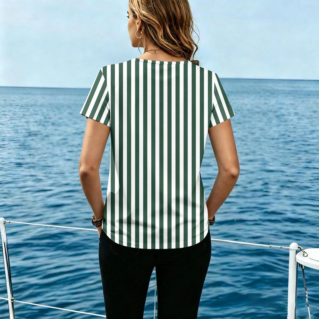 Women's Casual Round Neck Short Sleeve Striped Print T Shirt Top Button Front Design Lightweight Summer Shirt