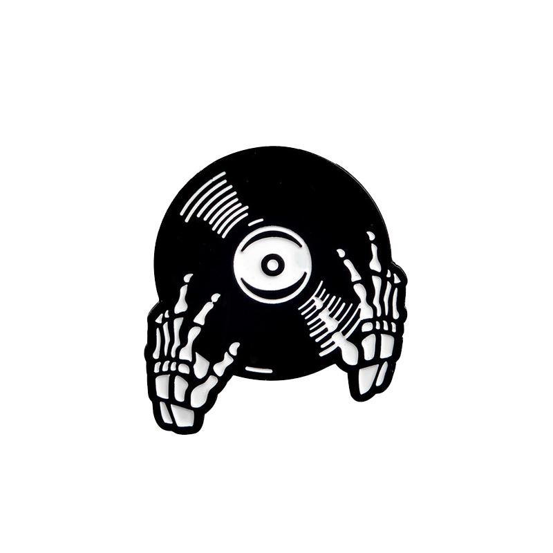 Retro Cassette Tape & Vinyl Record Skull Hand Enamel Pin Brooch